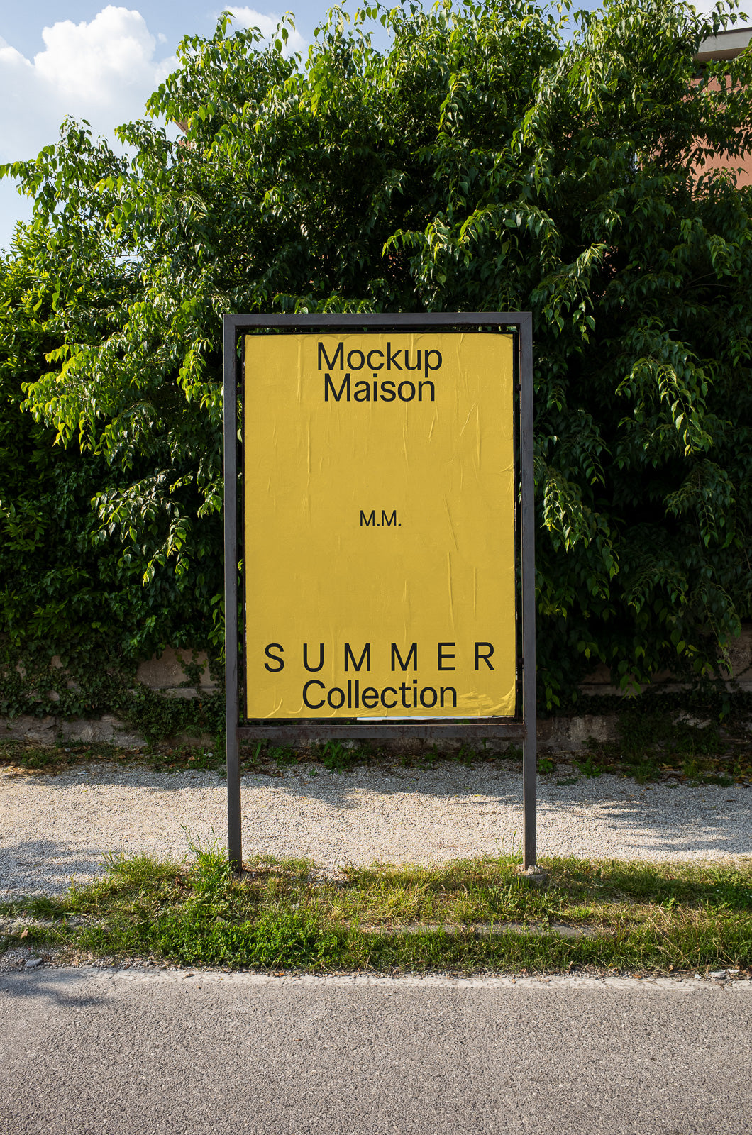 PSD mockup of a vertical outdoor advertisement sign with "Mockup Maison" and "Summer Collection" on a yellow background, set against greenery.