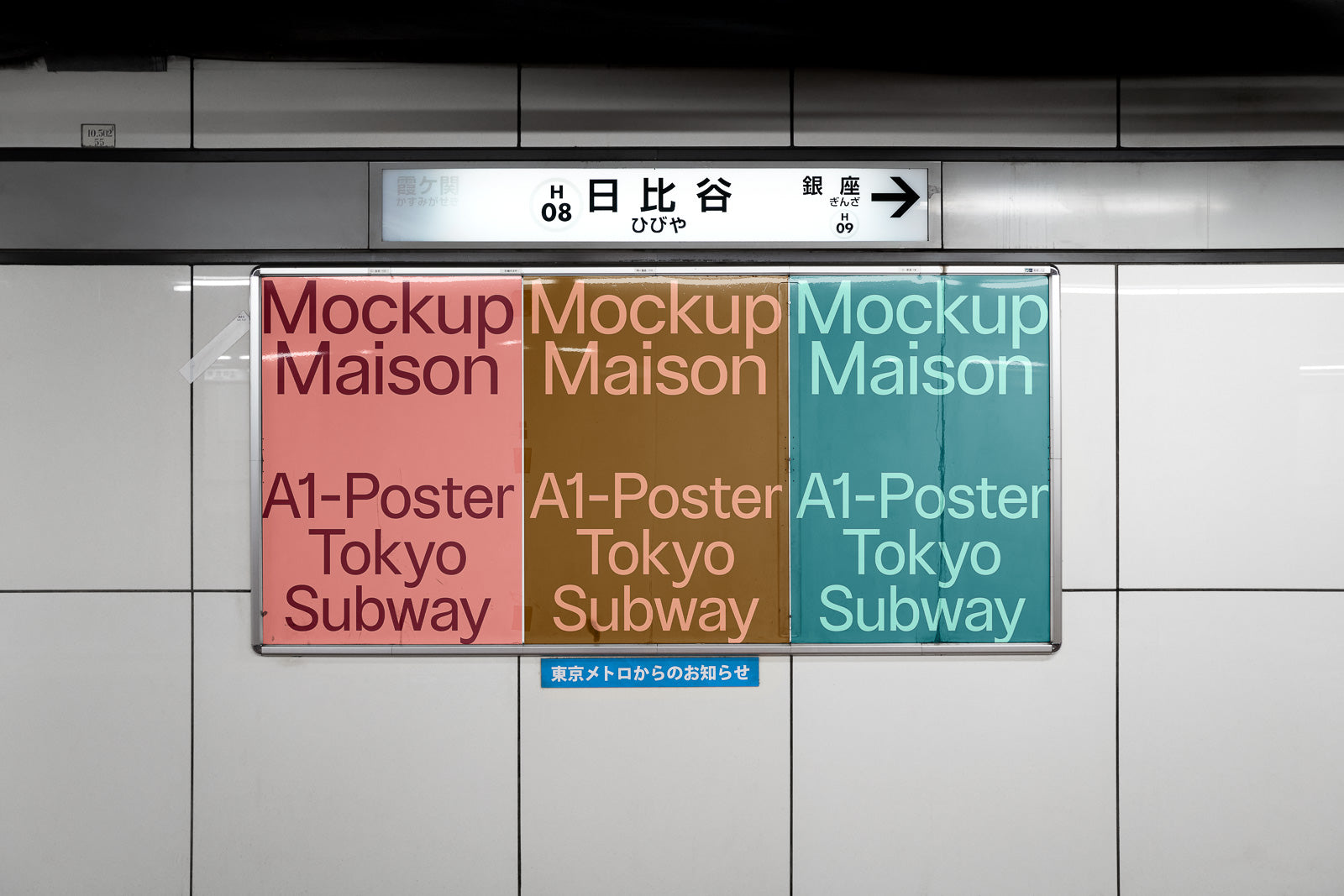 PSD mockup of three A1 posters in a Tokyo subway, showcasing pink, orange, and teal designs with overlapping text "Mockup Maison A1-Poster Tokyo Subway".