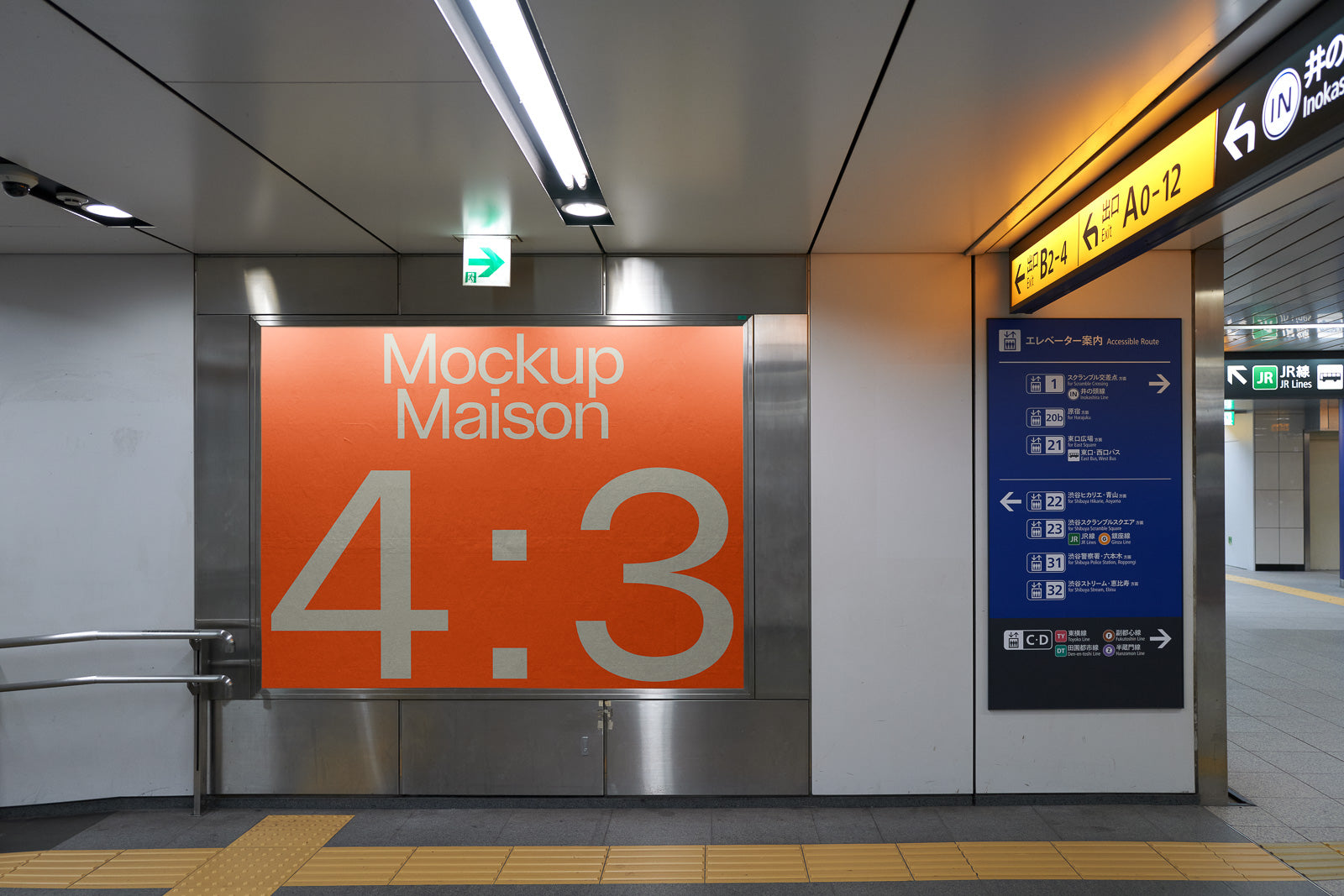 PSD mockup of an orange advertisement poster in a subway station, displayed on a metal wall with directional signs nearby.