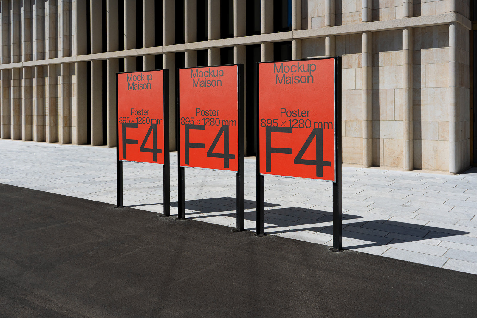 PSD mockup of three outdoor orange poster displays labeled "Mockup Maison" and "F4", against a modern building backdrop.