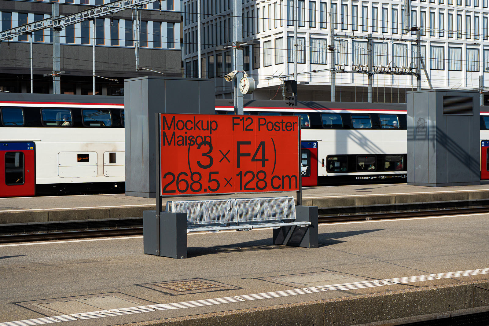 PSD mockup of a red poster on a train station platform with details of size and format, in front of a passing train.