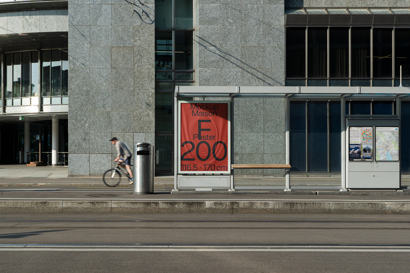 PSD mockup of a bus stop poster display with a red poster reading "E Poster 200, 116.5 x 170 cm," situated in a modern urban environment.